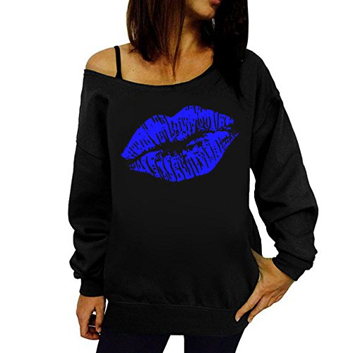 VJGOAL Mujeres otoño Casual Sexy Labios Impreso Manga Larga Sudadera Pullover Tops Blusa Camisa(S,Azul)