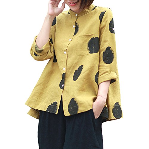 VJGOAL otoño de Las Mujeres de Talla Grande Cuello de Moda de Manga Larga botón Bolsillo Casual Tops Camisa Suelta Blusa(2XL,Amarillo)