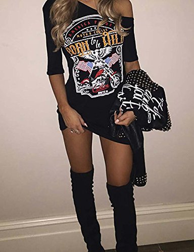VJGOALas Mujeres Atractivas de la Vendimia cuelgan el Cuello de la Personalidad del Hombro Rock Club Nocturno Estilo de impresión de la Camiseta Larga Mini Vestido (L, Negro)