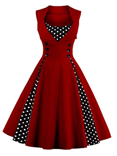 VKStar® - Vestido retro, estilo vintage, años 50, rockabilly, sin mangas, elegante vestido de noche con botones borgoña S