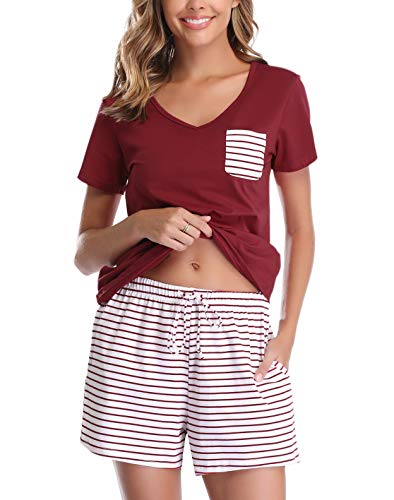Vlazom Women's Pyjama Sets V-Neck Soft Loungewear Summer Pjs Set Cotton Short Sleeve Sleepwear with Pockets Drawstring