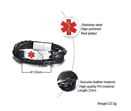 VNOX Hombre Acero Inoxidable Trenzado Cuero Genuino 2 Tonos Alerta Médica Personalizada ID Abrigo Pulsera Grabado Personalizado Sos Emergencia