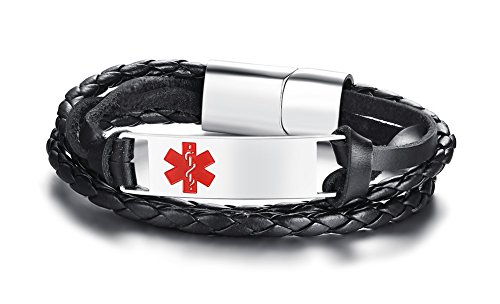 VNOX Hombre Acero Inoxidable Trenzado Cuero Genuino 2 Tonos Alerta Médica Personalizada ID Abrigo Pulsera Grabado Personalizado Sos Emergencia