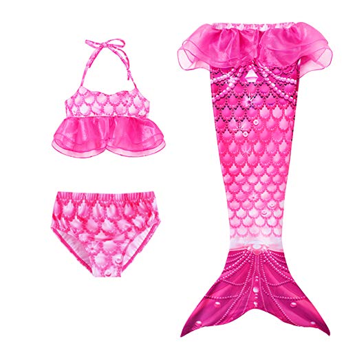 Vobony 3 Piezas Cola de Sirena Bañador Niña Traje de Baño de Sirena para Playa O Piscina Mermaid Bikini Princesa Cosplay Disfraz de Sirena (130(5-6 años))