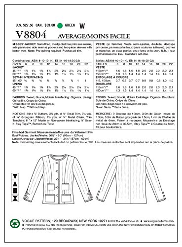 VOGUE PATTERNS V8804 - Patrones de Costura para Chaquetas de Mujer (Tallas 42 a 50)