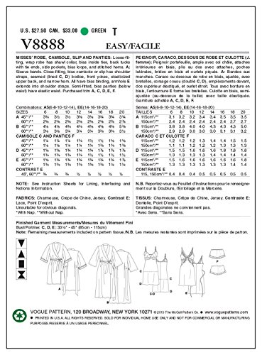 VOGUE PATTERNS V8888 - Patrones de Costura para Batas, Camisones y Pijamas de Camiseta y pantalón Corto de Mujer (Tallas 42 a 48)