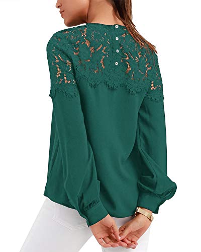 VONDA Camisa Mujer Manga Larga Sexy para con Blusa Encaje Tops Elegantes Bordados Túnica Cuello Redondo Shirt A-Verde XL