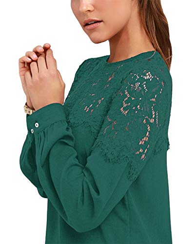 VONDA Camisa Mujer Manga Larga Sexy para con Blusa Encaje Tops Elegantes Bordados Túnica Cuello Redondo Shirt A-Verde XL