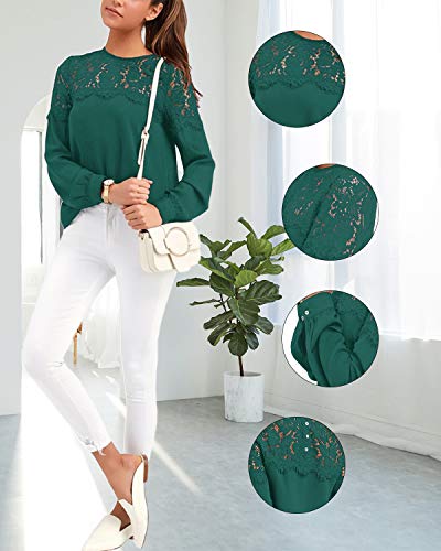 VONDA Camisa Mujer Manga Larga Sexy para con Blusa Encaje Tops Elegantes Bordados Túnica Cuello Redondo Shirt A-Verde XXL