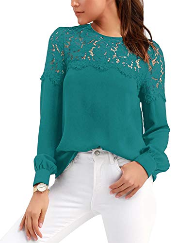 VONDA Camisa Mujer Manga Larga Sexy para con Blusa Encaje Tops Elegantes Bordados Túnica Cuello Redondo Shirt A-Verde XXL