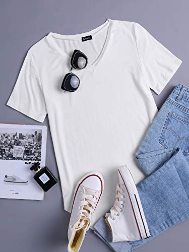 VONDA Camiseta de Mujer Manga Corta Cuello Pico tee Camiseta para Mujer Casual Loose Fit Túnica Tops para Verano A-Blanca XXL