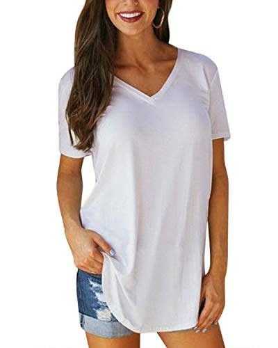 VONDA Camiseta de Mujer Manga Corta Cuello Pico tee Camiseta para Mujer Casual Loose Fit Túnica Tops para Verano A-Blanca XXL