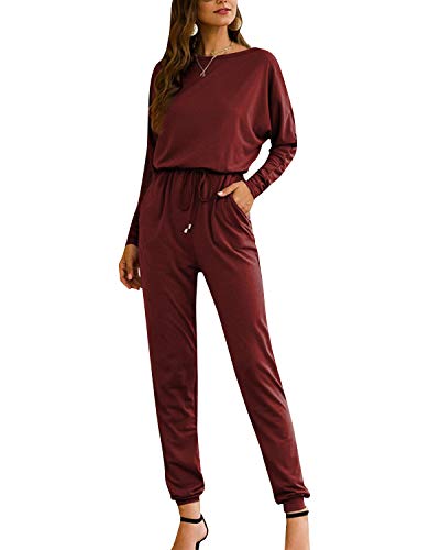 VONDA Mono de manga larga para mujer, con hombros descubiertos, informal, con cordón en la cintura, con bolsillos.