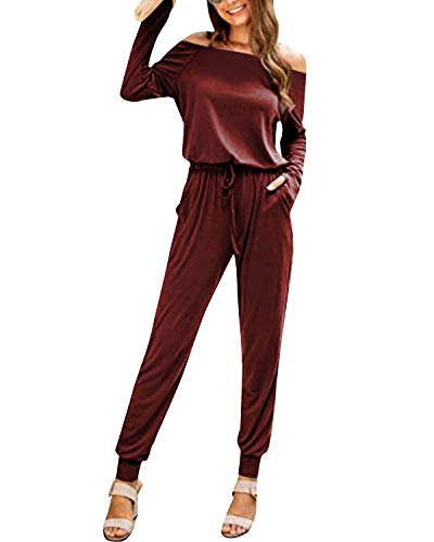 VONDA Mono de manga larga para mujer, con hombros descubiertos, informal, con cordón en la cintura, con bolsillos.