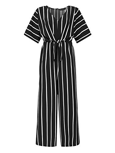 VONDA Mono de verano casual a rayas para mujer, de manga larga/corta, cuello en V, suelto