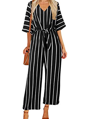 VONDA Mono de verano casual a rayas para mujer, de manga larga/corta, cuello en V, suelto