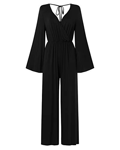 VONDA Mono Largo de Mujer Monos de Cintura elástica de Manga Larga Mamelucos de Pierna Ancha A-Negro XX-Large