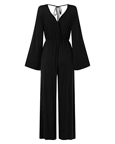 VONDA Mono Largo de Mujer Monos de Cintura elástica de Manga Larga Mamelucos de Pierna Ancha A-Negro XX-Large