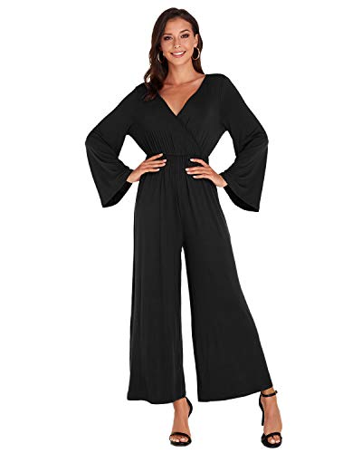 VONDA Mono Largo de Mujer Monos de Cintura elástica de Manga Larga Mamelucos de Pierna Ancha A-Negro XX-Large