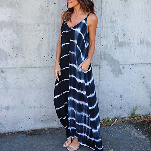 VONDA Vestido Largo para Mujeres Casual de Playa para Mujer Sexy Vestido Cuello en V Sin Mangas A-Azul M