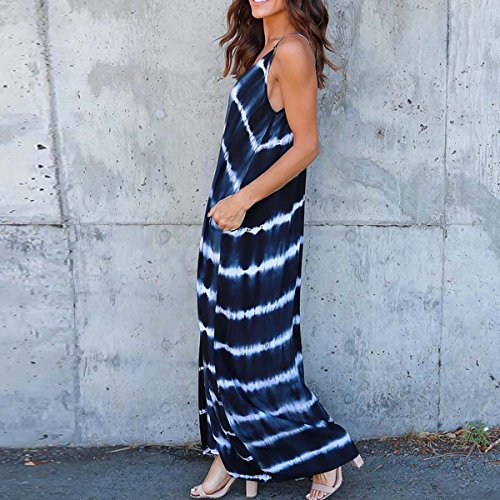 VONDA Vestido Largo para Mujeres Casual de Playa para Mujer Sexy Vestido Cuello en V Sin Mangas A-Azul M