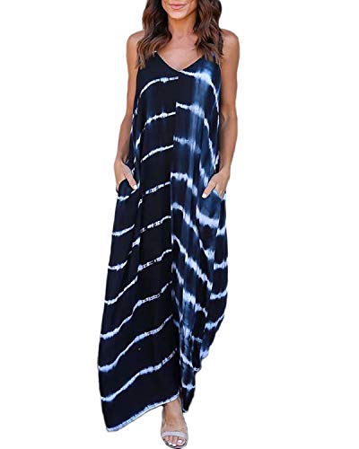 VONDA Vestido Largo para Mujeres Casual de Playa para Mujer Sexy Vestido Cuello en V Sin Mangas A-Azul M
