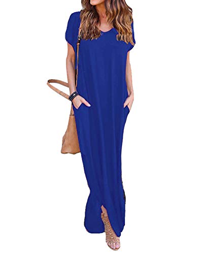 VONDA Vestidos para Mujer Verano Casual Playa Cuello en V Talla Extra Maxi Vestido Largo Bohemio con Bolsillos A-Real M
