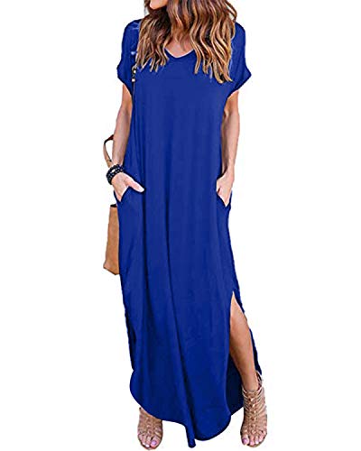 VONDA Vestidos para Mujer Verano Casual Playa Cuello en V Talla Extra Maxi Vestido Largo Bohemio con Bolsillos A-Real M