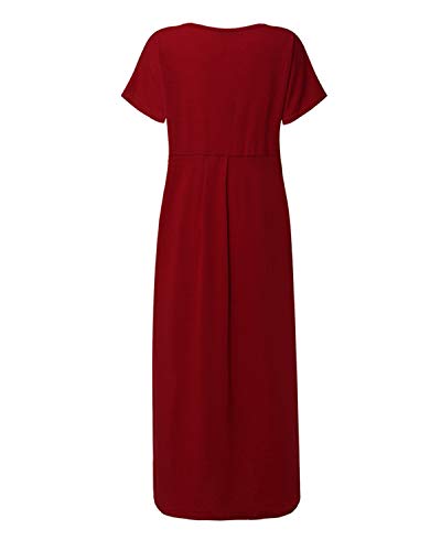 VONDA Vestidos para Mujer Verano Casual Playa Cuello en V Talla Extra Maxi Vestido Largo Bohemio con Bolsillos A-Vino Rojo XXL