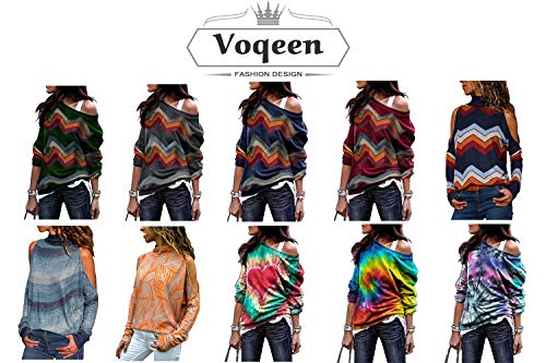 Voqeen Camisa de Manga Larga Tallas Grandes Mujer Camisas Estampado de Moda de Mujer Verano Camisas Blusas Tops Cold Shoulder Blusa Camisa Algodón Shirts (XL, Armada(Manga Completa))