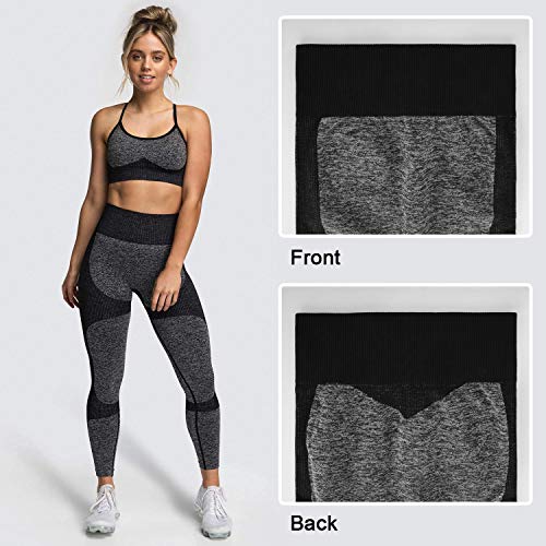 Voqeen Camisola y Pantalones de Yoga de Punto Sin Costuras para Mujer, Mallas Elásticas de Cintura Alta, Mallas para Correr, Deporte, Gimnasio, Entrenamiento