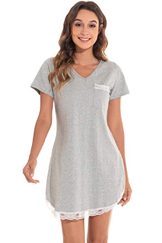 Voqeen Camisón para Mujeres Ropa de Dormir de Camisón Camiseta de Manga Corta Camisón Mujer Verano Algodón Pijama Casual Comodo y Elegante Ropa de Dormir para Mujer (Gris, S)