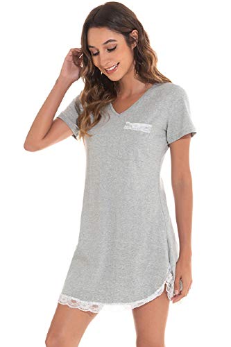 Voqeen Camisón para Mujeres Ropa de Dormir de Camisón Camiseta de Manga Corta Camisón Mujer Verano Algodón Pijama Casual Comodo y Elegante Ropa de Dormir para Mujer (Gris, S)