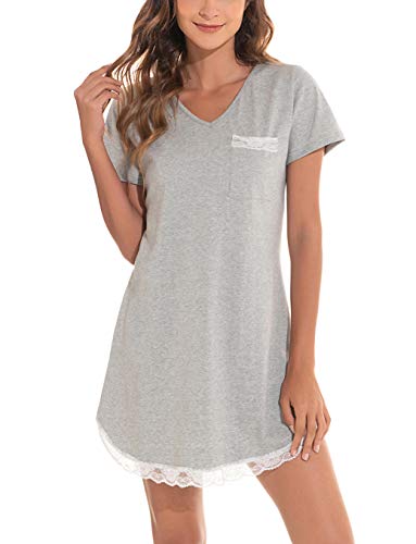 Voqeen Camisón para Mujeres Ropa de Dormir de Camisón Camiseta de Manga Corta Camisón Mujer Verano Algodón Pijama Casual Comodo y Elegante Ropa de Dormir para Mujer (Gris, S)