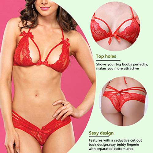 Voqeen Lencería de Mujer Babydoll de Encaje 2 Piezas de Sujetador y Bragas Sexy Vestido de Tirantes Copa de Encaje Ropa de Dormir