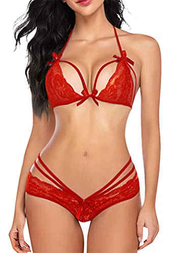 Voqeen Lencería de Mujer Babydoll de Encaje 2 Piezas de Sujetador y Bragas Sexy Vestido de Tirantes Copa de Encaje Ropa de Dormir