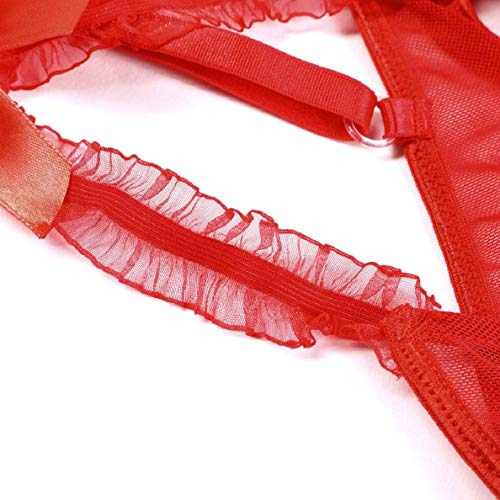 Voqeen Mujer Atractivo Pijamas de Encaje y Tul Atractivo Bodysuit Lencería Halter Negro Pijama Camisón (Rojo, M)