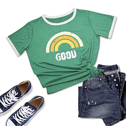 Voqeen Mujer Camiseta de Manga Corta con Cuello Redondo y Estampado Arcoiris para Adolescentes, Camiseta para Niñas, Camisetas con Estampado Cristiano, Blusa de Verano, Camisetas Sin Mangas