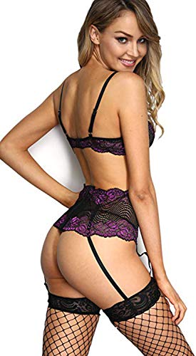 Voqeen Mujer Conjunto de Lencería Hueca de Encaje Conjunto de Ligueros Conjunto de Sujetador Transparente de Cintura Alta y Tanga Conjunto de Babydoll