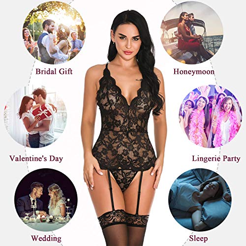 Voqeen Mujer Encantador Conjunto de Lencería de Liga con Encaje Bordado Bodysuit Mono con Cuello en V Profundo y Espalda Cruzada Ropa Interior con Bragas (Incluye Medias)