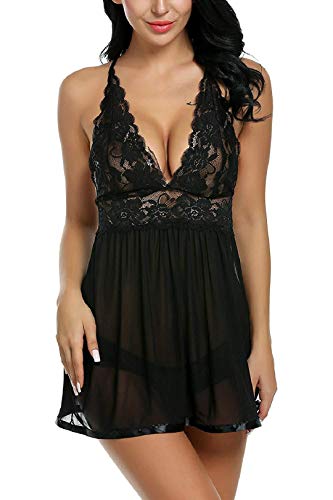 Voqeen Mujeres Body de Encaje lencería Semitransparente Sexy sin Mangas Vestido de Babydoll sin Mangas para Mujer Atractivo Ropa de Dormir (Negro, M)