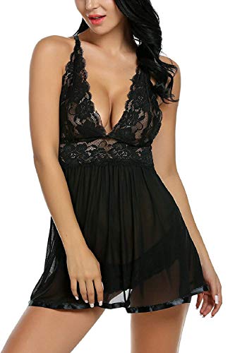 Voqeen Mujeres Body de Encaje lencería Semitransparente Sexy sin Mangas Vestido de Babydoll sin Mangas para Mujer Atractivo Ropa de Dormir (Negro, XXL)