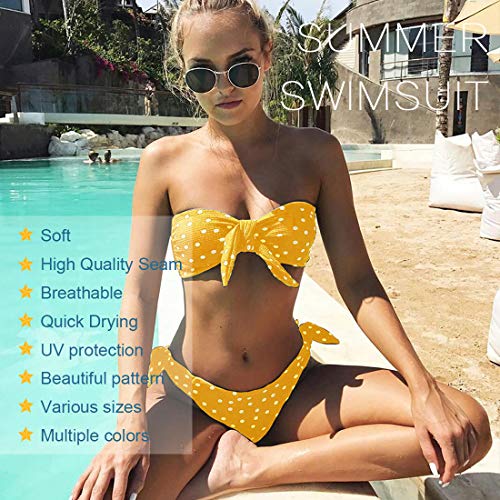 Voqeen Mujeres Cuello Halter Sin Tirantes Bandeau Giro Hacer Subir Lunares Conjunto de Bikini Traje de baño (Amarillo, S)