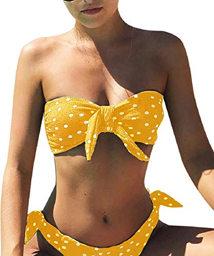 Voqeen Mujeres Cuello Halter Sin Tirantes Bandeau Giro Hacer Subir Lunares Conjunto de Bikini Traje de baño (Amarillo, S)