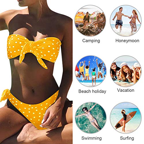 Voqeen Mujeres Cuello Halter Sin Tirantes Bandeau Giro Hacer Subir Lunares Conjunto de Bikini Traje de baño (Amarillo, S)