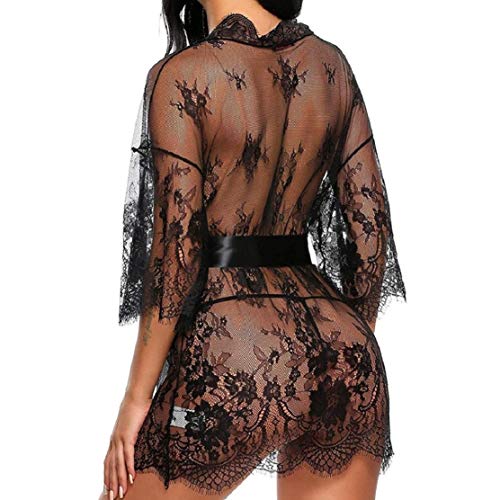 Voqeen Pijama Corto Mujer Camisón Encaje Cuello V Ropa De Dormir 2 Piezas Pijama Saten Tirantes El Cinturón y tanga sexy Manga de mariposa Vestido Camisón Mujer Verano Pijama de Algodón Kimono Camisón