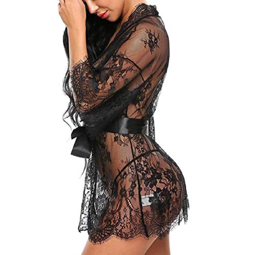 Voqeen Pijama Corto Mujer Camisón Encaje Cuello V Ropa De Dormir 2 Piezas Pijama Saten Tirantes El Cinturón y tanga sexy Manga de mariposa Vestido Camisón Mujer Verano Pijama de Algodón Kimono Camisón