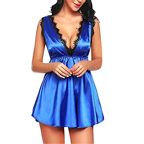 VPASS Lencería Erotica de Mujer, Mujeres Sexy Ropa de Dormir Bata de baño Larga Camisón Perspectiva de Encaje de lencería Hueca Traje Bata de Satén Lencería Tentación Camisones Albornoz Camisón