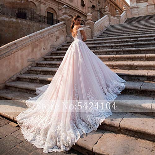 WANGMEILING Vestido de novia blanco Corte de encaje glamoroso Apliques de tren Una línea de vestidos de boda de lujo Tamaño del cuello del barco con cuentas vestido de novia de la princesa Plus