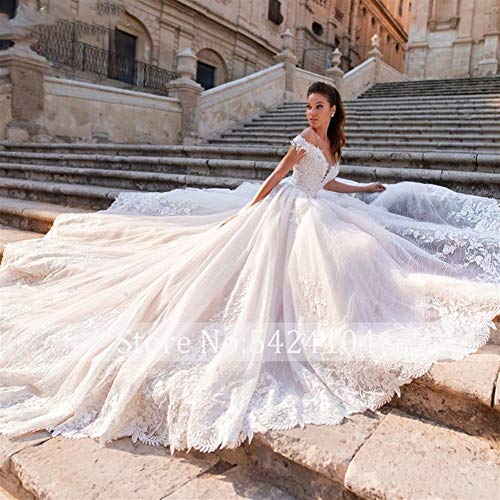 WANGMEILING Vestido de novia blanco Corte de encaje glamoroso Apliques de tren Una línea de vestidos de boda de lujo Tamaño del cuello del barco con cuentas vestido de novia de la princesa Plus